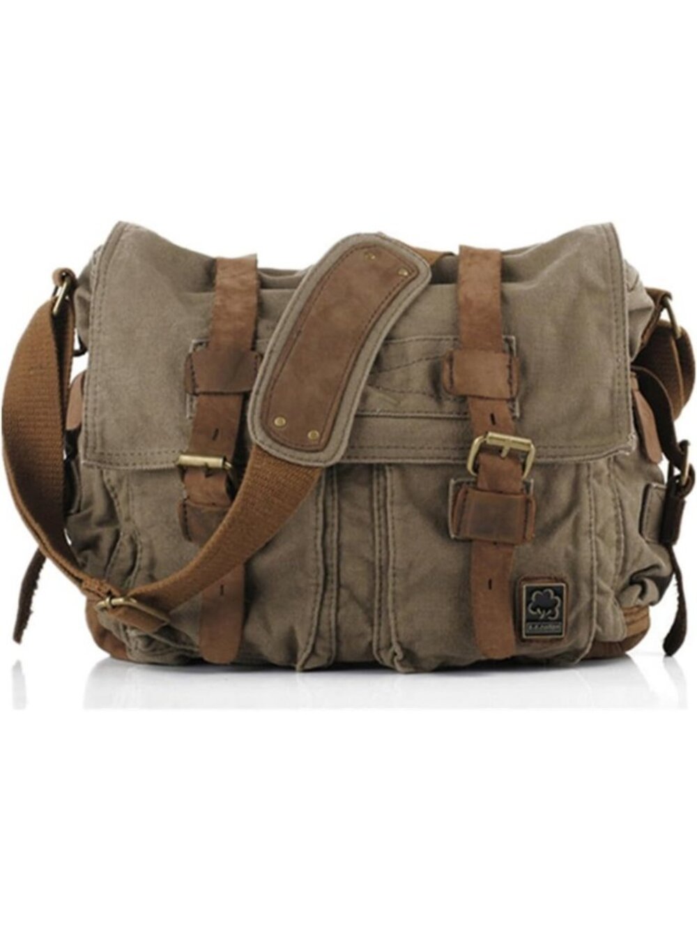 Vintage Military Style Leather Canvas Messenger Bag - Medium Laptop Tote